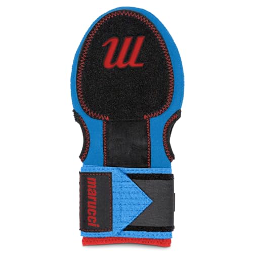 Marucci Adult Sliding Mitt, Blue/Red, Right & Left Hand Full Coverage Protection Neoprene Baseball Sliding Mitt, Wrist Strap, Dual Thumb Holes, 1 Mitt