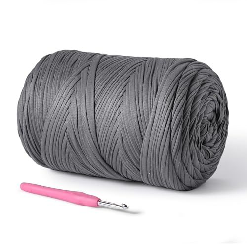 Image of 800g T-Shirt Crochet Yarn for Crocheting Crafts /Bags /Basket /Coaster,Hand Knitting Tshirt Yarn for Crochet,228yds T Shirt Yarns with High Elastic Thick Yarns Polyester Fabric(Dark Gray)