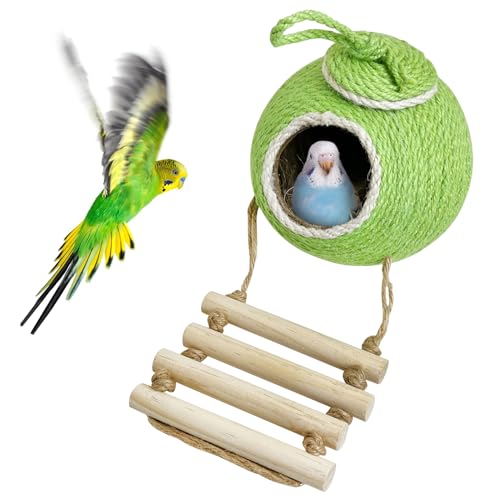 Image of Tfwadmx Coconut Hide with Ladder, Natural Coconut Fiber Hanging Birdhouse Cage, Handmade Sisal Rope & Coconut Bird Shell Breeding Nest for Parrot Parakeet Lovebird Finch Canary (2 Pcs Green)