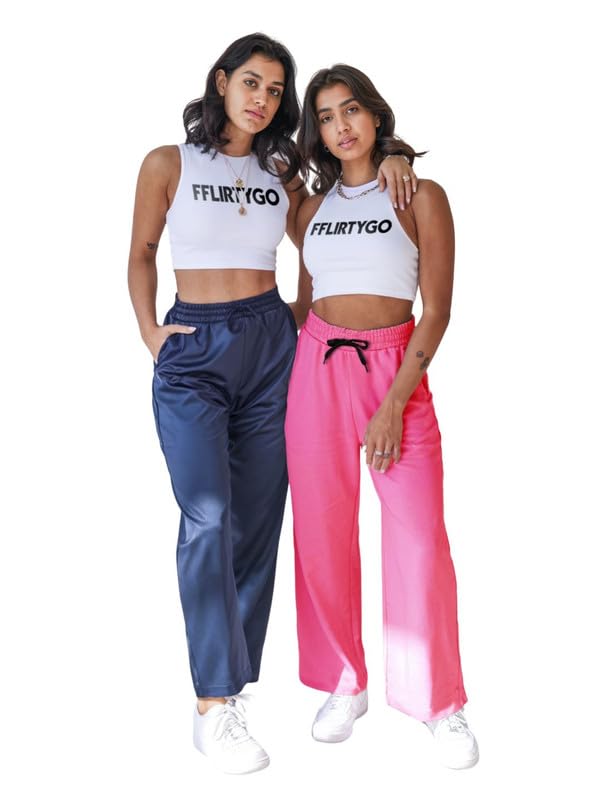 Image of Fflirtygo Women's Cotton Solid Pyjama /Track Pants, Navy Blue and Lavender (Pack of 2)