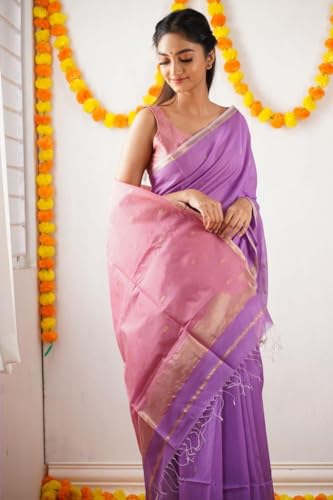 Image of Flosive inchLAVENDER Banarasi Jacquard Cotton Saree with Rich Golden Weaving and Designer Pallu inch