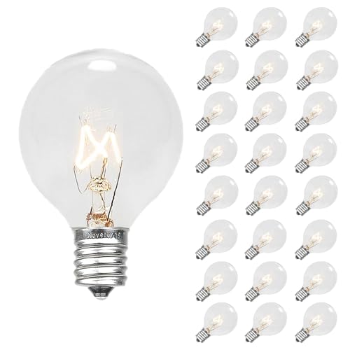 Novelty Lights 25 Pack G50 Outdoor String Light Globe Replacement Bulbs, Clear, E12/C7 Base, 7 Watt
