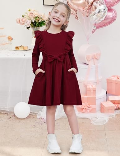 Arshiner Toddler Girl Dress Ruffle Ribbed Knit Long Sleeve A-Line Swing Fall Winter Bowknot Casual Dress with Pockets4