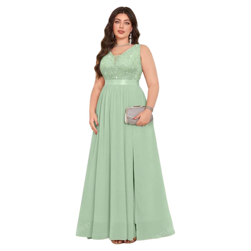 PHILIZLE Plus Deep V Neck Sequin Floral Lace Chiffon Sleeveless Formal Party Maxi Dress