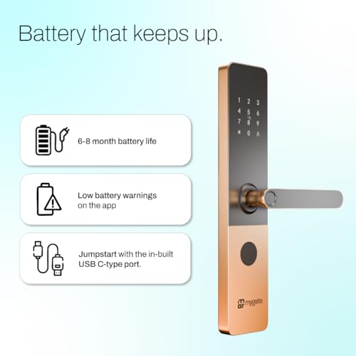 Image of Mygate Smart Door Lock Plus (2026 Model) with 6-Way Unlock | Fingerprint, PIN, Mobile App, RFID Card, Manual Keys | Remote Unlocking via OTP | for Main Wooden Doors |3-Year Warranty by Mygate (Copper)