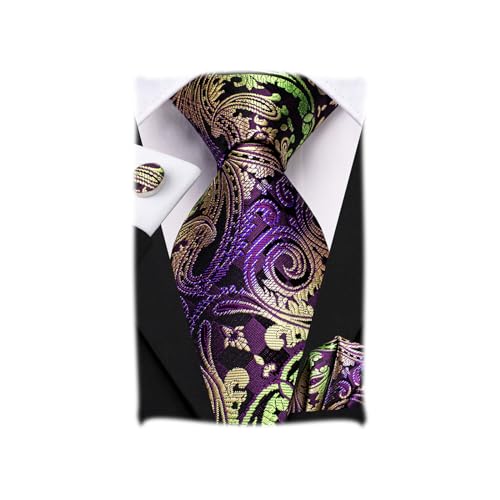 Image of Hi-Tie Paisley Floral Ties Set for Men Silk Mens Stripes Necktie Pocket Square Cufflinks Set Formal Business
