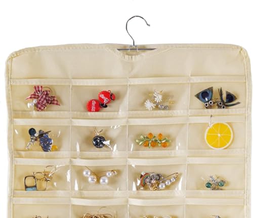 Image of Earring Organizer for Women | Hanging Jewellery Organiser with 48 Double-Sided Transparent Pockets | Earrings Holder, Necklace, Bangle Organizer | Jewelry Storage Organizer for Wardrobe Closet (Beige)