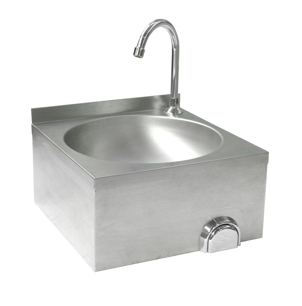 HENDI Waschbecken, mit Kniebedienung, inkl. Anschlussmaterial, Wandhalterung, Spülengröße: ø350x(H)123mm, Spülbecken, Handwaschbecken, Hängewaschbecken, 400x428x(H)406mm, Edelstahl