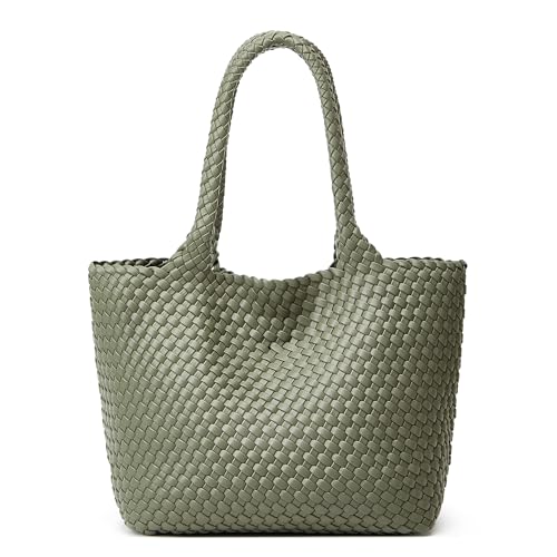 Image of BOYATU Woven Tote Bag for Women: Vegan Leather Purse with 1 Zipper Clutch - Handwoven Tote for Travel Vacation Beach Weekend