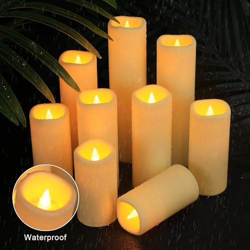 Image of Flickering Flameless Candles with Remote, Waterproof Outdoor Battery Operated Candles, Plastic Ivory Realistic LED Candles for Party, Wedding, Christmas, Thanksgiving, Home Decor, Set of 9