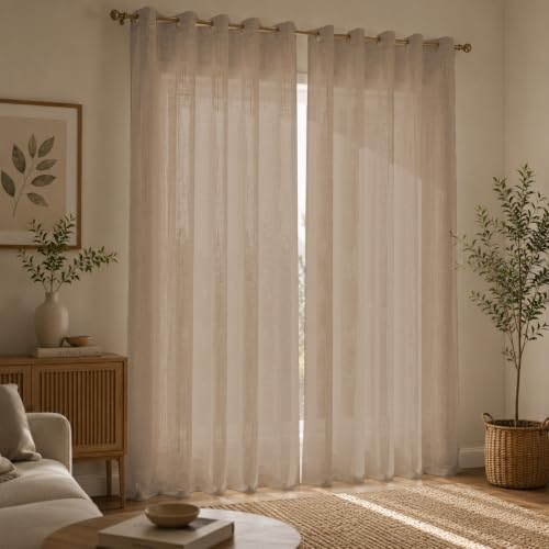 Image of LINENWALAS Aesthetic Sheer Curtains 5 Feet Long Set of 2, Poly Linen Shrink & Fade Proof Drapes for Window, Semi Transparent Modern Panels with Grommet Hanging for Living Room (Brown /5 Feet)