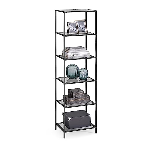 VASAGLE Bookcase, 6-Tier Bookshelf, Slim Shelving Unit for Bedroom, Bathroom, Home Office, Tempered Glass, Steel Frame, Ink Black and Slate Gray ULGT503G01 Ink Black + Slate Gray 6 Tiers (31