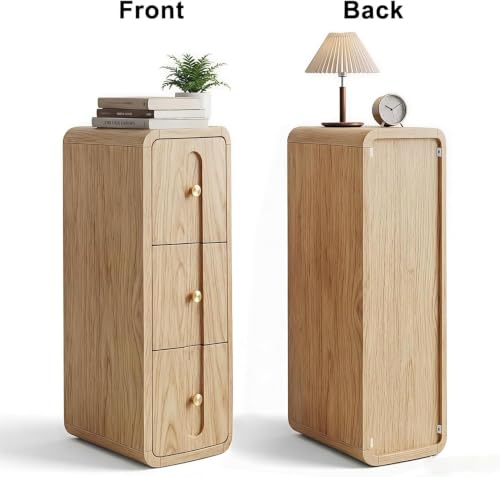 Image of Narrow Nightstand Set of 2, Small Bedside Table with 3 Drawers, Mid Century Modern Skinny Nightstand with Storage, Wood Slim Side Table for Bedroom, Living Room (Natural-2pcs)
