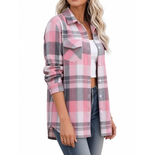 Womens Flannel Shirts Plaid Shacket Button Down Tops Pink Small - image 4
