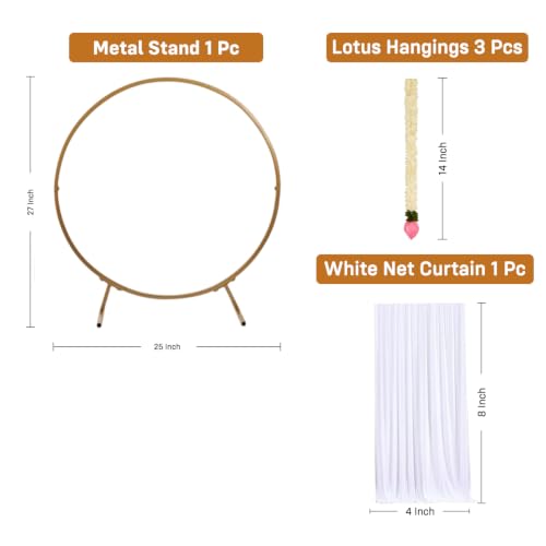 Image of Party Propz Golden Metal Ring Stand for Ganpati Decoration Setup for Home - 5pcs Ganpati Decoration Stand with White Net Curtain and Lotus Bud, Varalakshmi Pooja Decorative Items, Janmashtami Decor