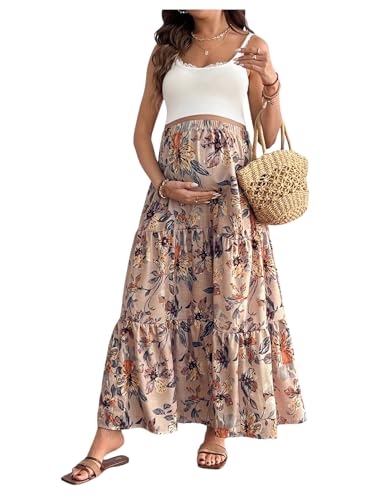 MakeMeChic Women's Maternity Skirt Boho Floral Elastic Waist Ruffle Hem