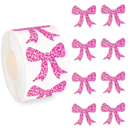 Image of 500Pcs Pink Bow Vinyl Stickers Roll 1.2in Glitter Valentines Stickers Sparkly Pink Bow Label Tag Self-Adhesive Classroom Reward Waterproof Decals for Bottle Birthday Party Decor