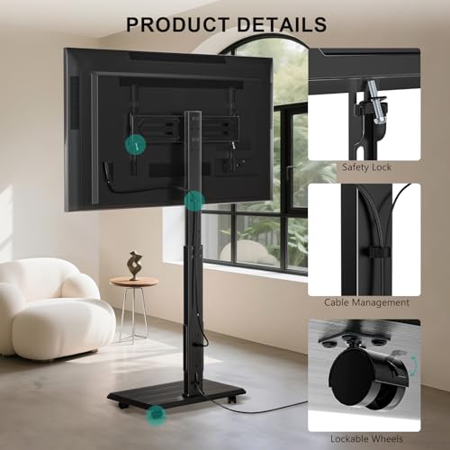 Image of WALI Rolling TV Stand with Power Outlet, Mobile Tall TV Stand Mount on Wheels for 39-75 inch TV up to 110 lbs, Swivel Height Adjustable TV Cart with Wood Base for Bedroom(TVDVD-7PR), Black