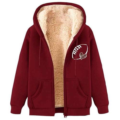 Game Day Sweatshirt Women Fleece Sherpa Lined Jacket Zip Up Football Sweatshirts Fall Warm Winter Coat with Pockets