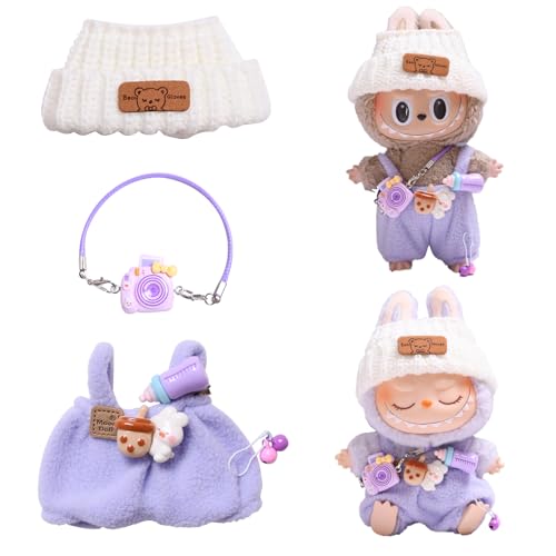 FMKLDENA Ropa de muñeca para la-bubu, Ropa de Peluche de 17 cm para la-bubu, Disfraces para muñecas la-bubu, con 1 Sombrero +1 Mameluco +1 Mochila para cámara, para Otras muñecas de 17 cm (Purple)