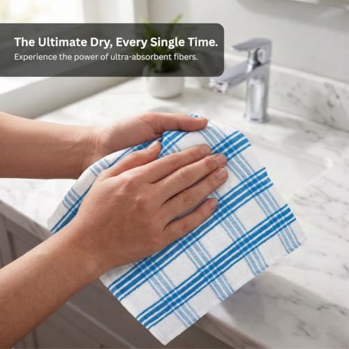 Image of Athom Living Premium Hand Towels- Cotton, 400 GSM, Ultra Soft, Quick Dry, Highly Absorbent | for Hand, Kitchen and Gym | 60 * 40 cm, Pack of 4 (Blue Strips)