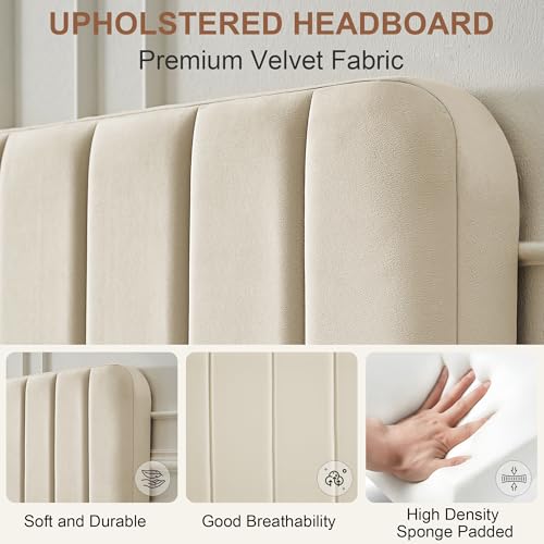 VECELO Polsterbett 140 x 200 cm, Doppelbett mit Höhenverstellbarem Kopfteil, Samtbezug und Stabiler Lattenrost, Geräuschfrei, Einfache Montage, für Schlafzimmer und Gästezimmer, Beige