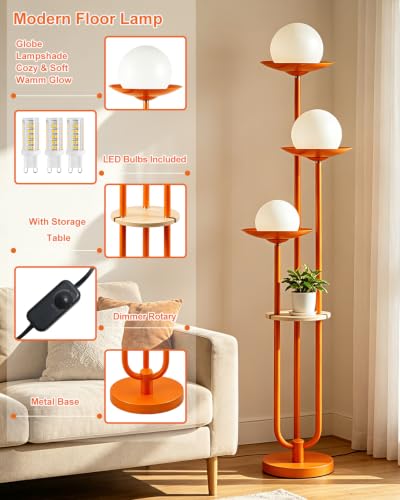 Image of Lightdot Globe Orange Floor Lamp with Shelf 3-Lights Modern Dimmable Floor Lamps for Wedding /Party, 3000K Warm White Bulbs Included, Tall Standing Lamp for Living Room /Bedroom /Sofa Beside /Corner Decor