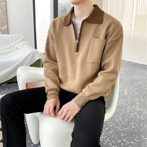 Men Knitted Sweaters for Zipper Spliced Clothes Pullovers with Pockets Brown Zip-up Heated Korean Tops2