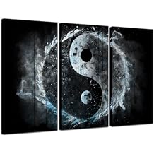 Biuteawal 3 Panel Wall Art Yin Yang Symbol on Wood Backgroud Picture Traditional Chinese Culture Art Prints Black White Blue Painting Retro Artwork Home Office Living Room Bedroom Decor Gallery