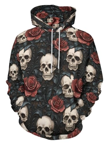 BarbedRose Men's Digital Print Sweatshirts Hooded Top Galaxy Pattern Hoodie, Rose Skull, L/XL