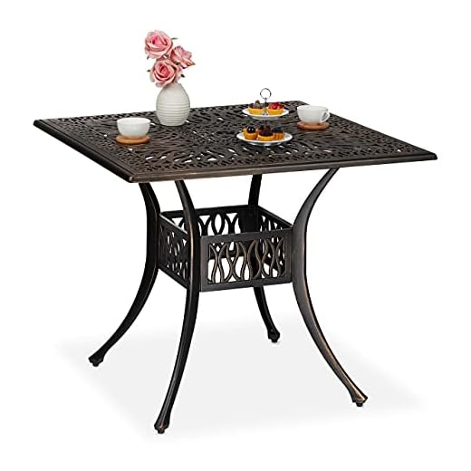 Relaxdays Gartentisch mit Schirmloch, antike Optik, Aluminiumguss, 75 x 90 x 90 cm, eckiger Balkontisch, schwarz/Bronze