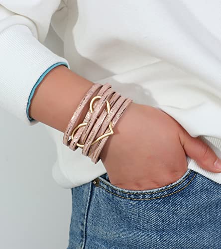 Hotoo Pink Leather Wrap Bracelets For Women Boho Bracelet Girls Heart Aesthetic Cuff Friendship Multi-Layer Christmas Gifts For Her #TOP4