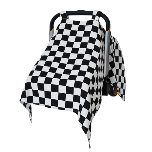 Image of solTourne Muslin Car Seat Cover for Babies - Black & White Plaid Infant Carrier Canopy, Soft & Breathable Baby Carseat Cover, Lightweight Sunshade for Summer, Universal Fit for Boys & Girls