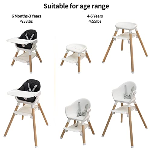 6-In-1 Wooden High Chair, High Chairs For Babies And Toddlers, Baby Highchairs With Adjustable Legs & Dishwasher Safe Tray,5-Point Harness, Pu Cushion And Footrest For Baby, Infants, Toddlers (Black) #TOP1
