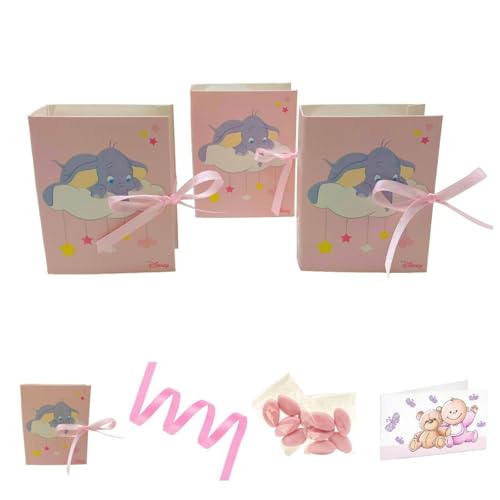 Ingrosso e Risparmio Bomboneras para nacimiento de niña, juego de 10 cajitas, libro con elefante, detalles de color rosa, tarjetas personalizables, bolsitas de peladillas de color rosa chocolate
