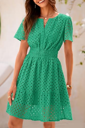 PRETTYGARDEN Womens 2026 Summer Short Dress V Neck Short Sleeve A Line Hollow Out Lace Cute Casual Beach Party Spring Dresses (Green,Small) — view 6