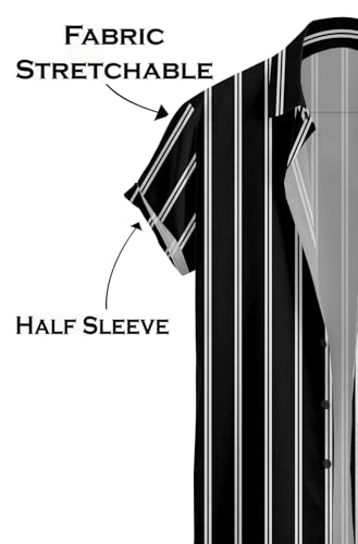 Image of Vertical Striped Short Sleeve Casual Shirt for Men, Stratchable 100% Spandex Material,Black and White