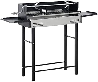 Outsunny BBQ Rotisserie Grill Roaster Charcoal Spit Roasting Machine for Chicken Turkey with 3-Level Grill Grate and Foldable Side Shelves, Stainless Steel