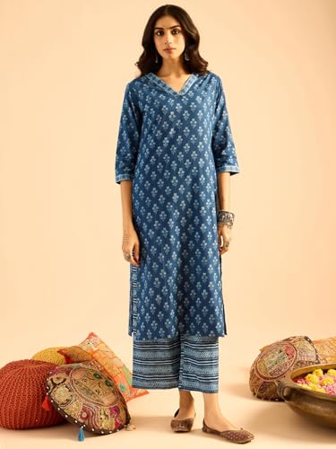 Image of INDO ERA Women's Pure Cotton Printed Straight Kurta & Pant with Dupatta Set