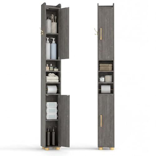 Image of Tangkula Narrow Bathroom Cabinet, 69.5 inch Tall Storage with 2 Doors & Adjustable Shelves, Toilet Paper Rod & Side Hook, Anti-toppling Design, Slim Floor Cabinet for Small Spaces (Gray, 2 Pack)