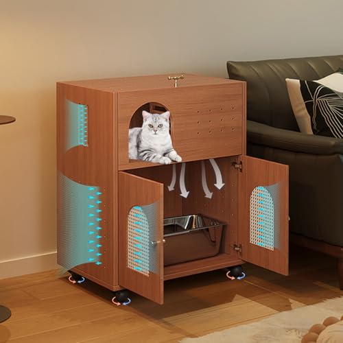 猫用トイレ隠れ家猫用トイレキャビネット、猫ハウス収納おしゃれ、天板開閉式 ニオイ軽減 猫砂が飛び散りにくい防止、キャットレストルーム、猫家具天然木防水、大型ペットハウス収納付き、お手入れ簡単 が木目調キャットクローゼット (チェリー)