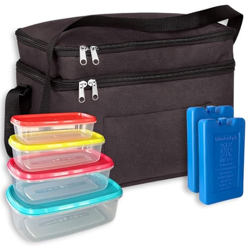 3|UNITY Kit Bolsa termica porta alimentos 14L doble compartimento + 4 tapers para comida hermetico + 2 acumuladores de frio. Bolsa porta alimentos (lunch bag) Loncheras de trabajo lancheira termica