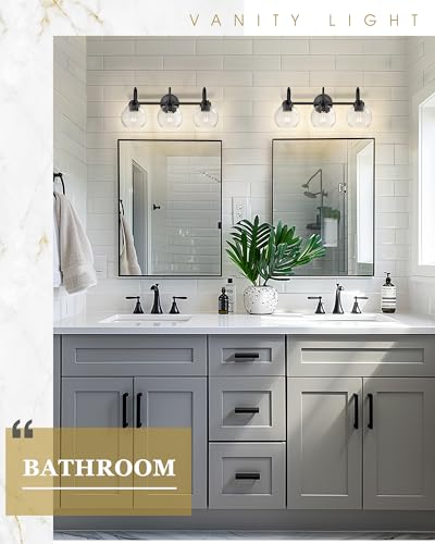 Image of Bathroom Light Fixtures, 3-Light Matte Black Vanity Lights with Globe Clear Glass, Modern Vanity Lighting Fixtures Over Mirror, AD-22280-3W-BK