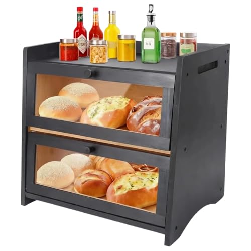 RisUni Double Layer Bamboo Bread Box for Countertop - Large Black Kitchen Storage (15.7x11.2x14.4 Inch) with Clear Window & Breathable Magnetic Closure