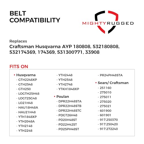 Image of 180808 Craftsman Mower Belt Replacement for 48 inch Deck, Length 89 inch, Heavy-Duty, Durable, Aramid Cord Belt Replaces 532180808, 174369, 532174369, for Husqvarna GTH HAU YTH, Craftsman 917., Poulan DPR PD