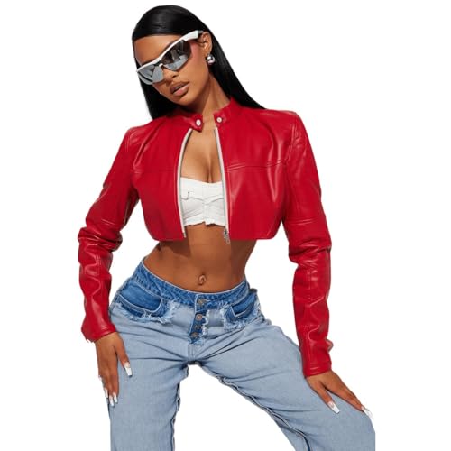 Charyeah Women's Fashion Faux Leather Jacket Crop Short Cropped PU Slim Zip Up Moto Biker Coat Motorcycle Jackets Coat (US, Alpha, Medium, Regular, Regular, Red)