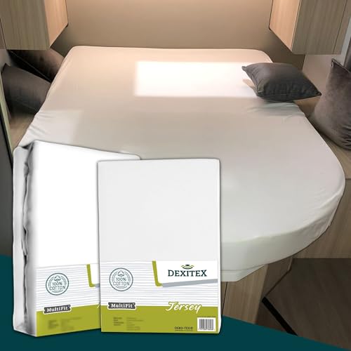 Dexitex - Ensemble - Set lit Central - 1 Protège - Matelas Molton en Flanelle + 1 Drap Housses en Jersey Blanc pour Camping Car - Lit Caravane - Oeko-Tex -...