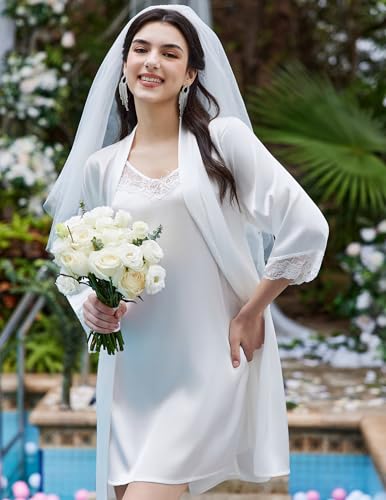 Ekouaer Sleepwear Women's Satin Nightgown with Robes Set 2 Piece Sexy Lace Cami Nightwear2