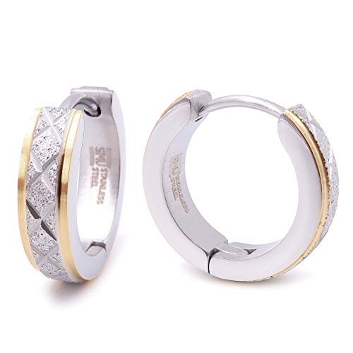 Stainless Steel Mens Hoop Earrings Cross Stripe Gold Black Silver Bevel Edge 16mm