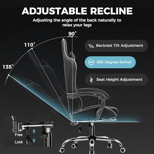 GTPLAYER Gaming Chair with Footrest, Computer Chair with and Lumbar Support, Height Adjustable Game Chair with 360°-Swivel Seat and Headrest and for Office or Gaming (All Black-Fabric)